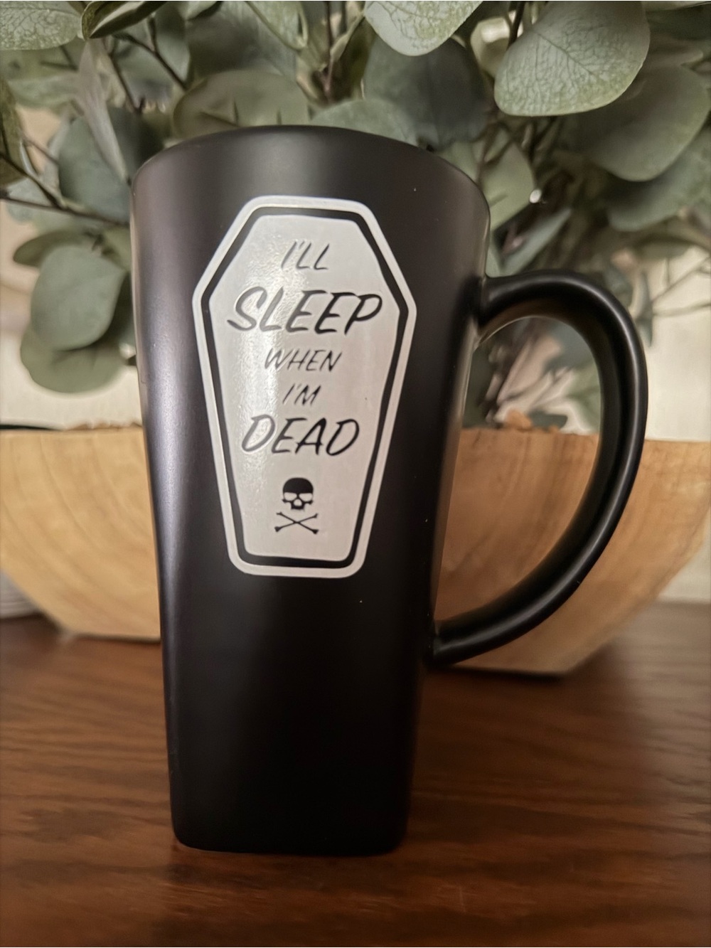 Matte Black Coffin Graphic Mug – 'I'll Sleep When I'm Dead'